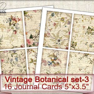 Puede incluir: Conjunto de 16 tarjetas de diario bot&aacute;nico vintage con ilustraciones florales sobre un fondo de texto escrito a mano. Cada tarjeta mide 12,7 cm por 8,9 cm.