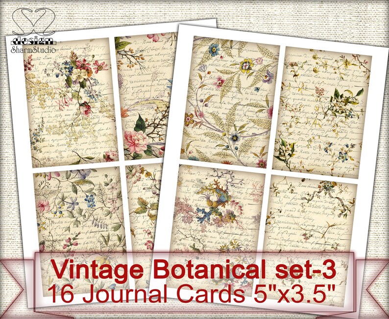 Puede incluir: Conjunto de 16 tarjetas de diario bot&aacute;nico vintage con ilustraciones florales sobre un fondo de texto escrito a mano. Cada tarjeta mide 12,7 cm por 8,9 cm.