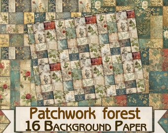 Vintage Background Paper Patchwork forest Printable 16 Pages