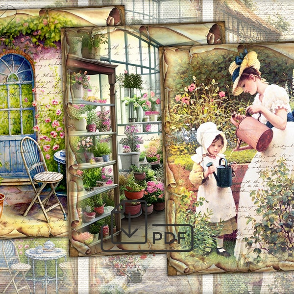 Vintage Flower garden,farm print collage,ACEO Digital paper country pictures