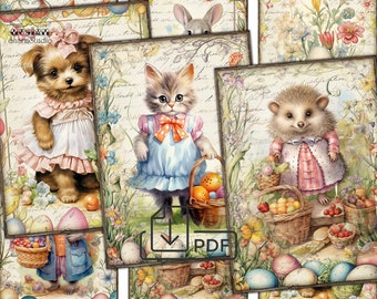 Easter animals picture collage printable cards atc,spring decoupage digital papers set-3