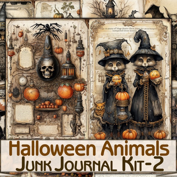Vintage Halloween animals Junk Journal Pages-2,Gothic picture collage,Digital Sheet Download