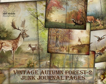 May include: Vintage autumn forest themed junk journal pages with images of deer, rabbits, a badger, a fox, a duck, and trees. The pages are perfect for scrapbooking, journaling, and crafting.