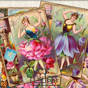 Vintage Digital Paper diario basura estampado floral Hojas Imprimibles Flower Girls - Collage Digital