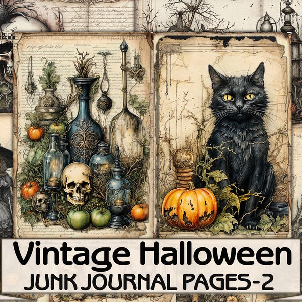 Vintage Halloween Junk Journal Seiten-2,Gothic Bild Collage,Digital Sheet Download