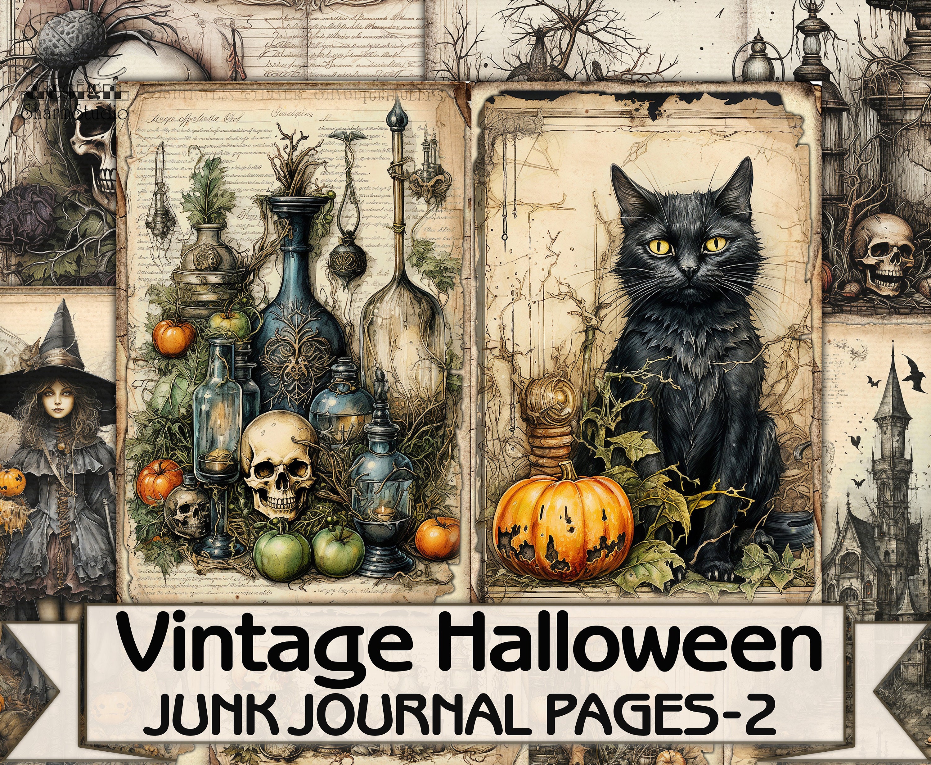 Vintage Halloween Junk Journal Pages-2,Gothic picture collage,Digital Sheet Download