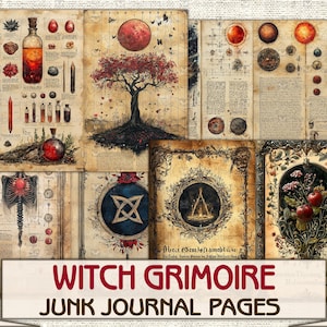 May include: A set of printable witch grimoire junk journal pages featuring vintage style illustrations of botanicals, celestial bodies, and alchemy symbols. The pages are perfect for adding to your own journal or scrapbook.