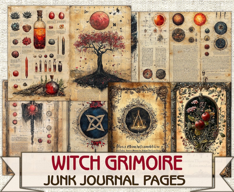 May include: A set of printable witch grimoire junk journal pages featuring vintage style illustrations of botanicals, celestial bodies, and alchemy symbols. The pages are perfect for adding to your own journal or scrapbook.