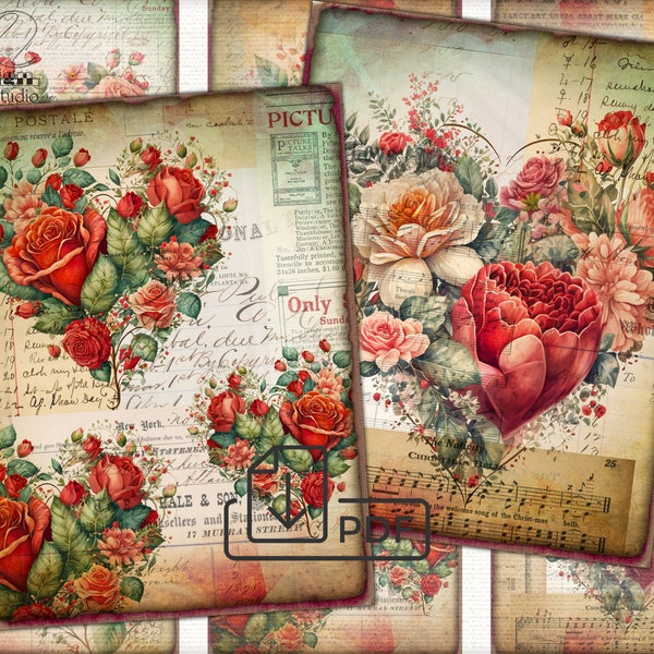 Vintage Valentines Digital picture collage Floral Heart printable cards Atc ACEO