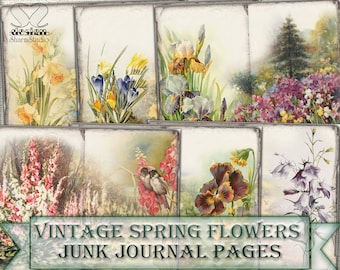 Vintage Spring flowers junk journal Pages,picture collage,Digital Sheet Download