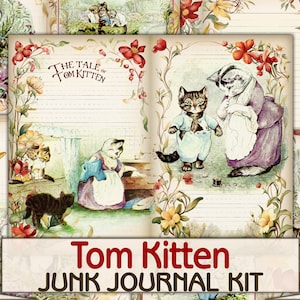 Puede incluir: Un kit de diario de chatarra de estilo vintage con ilustraciones de gatitos. El kit incluye páginas con papel rayado, bordes florales y una página de título que dice "The Tale of Tom Kitten".