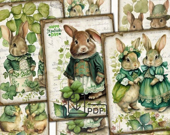 Vintage St Patrick's Day bunnies picture collage printable cards atc, decoupage digital papers set