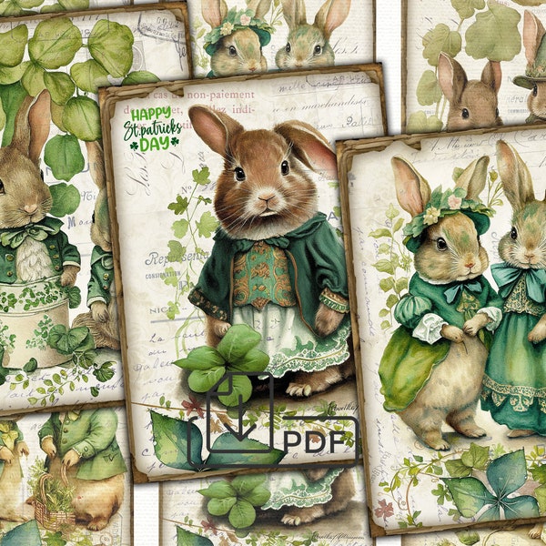 Vintage St Patrick's Day bunnies picture collage printable cards atc, decoupage digital papers set