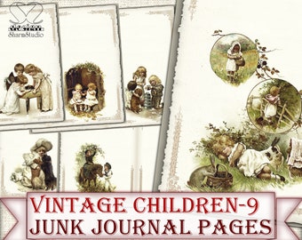 Vintage Children-9 Journal Pages,Printable Children Junk Journal Kit