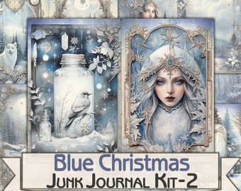 Vintage Blue Christmas Junk Journal Kit,Printable Collage Pages-2