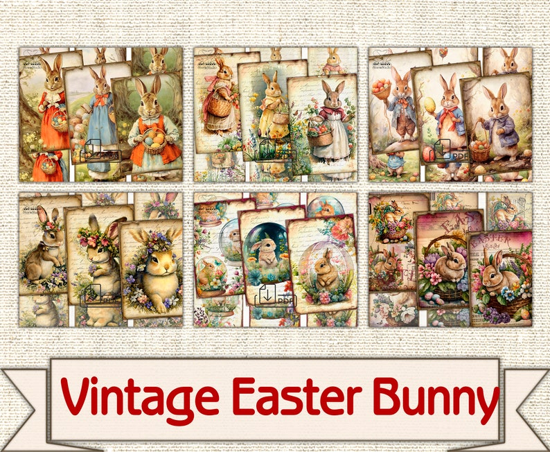 Vintage Easter Bunny Collage Digital picture printable cards Atc ACEO-3 image 3