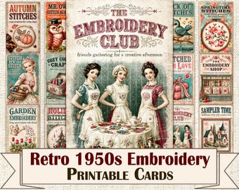 Retro 1950s Home Embroidery Cards, Printable Embroidery Junk Journal Kit, Vintage Stitching Ephemera Sheets, Needlework Digital Download