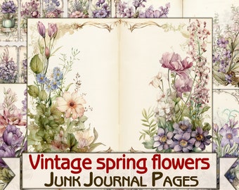 Pagine del diario spazzatura di fiori di campo primaverili vintage, collage di foto botaniche, download di fogli digitali