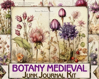 Medieval Botanical junk journal Pages,picture collage Botany plant