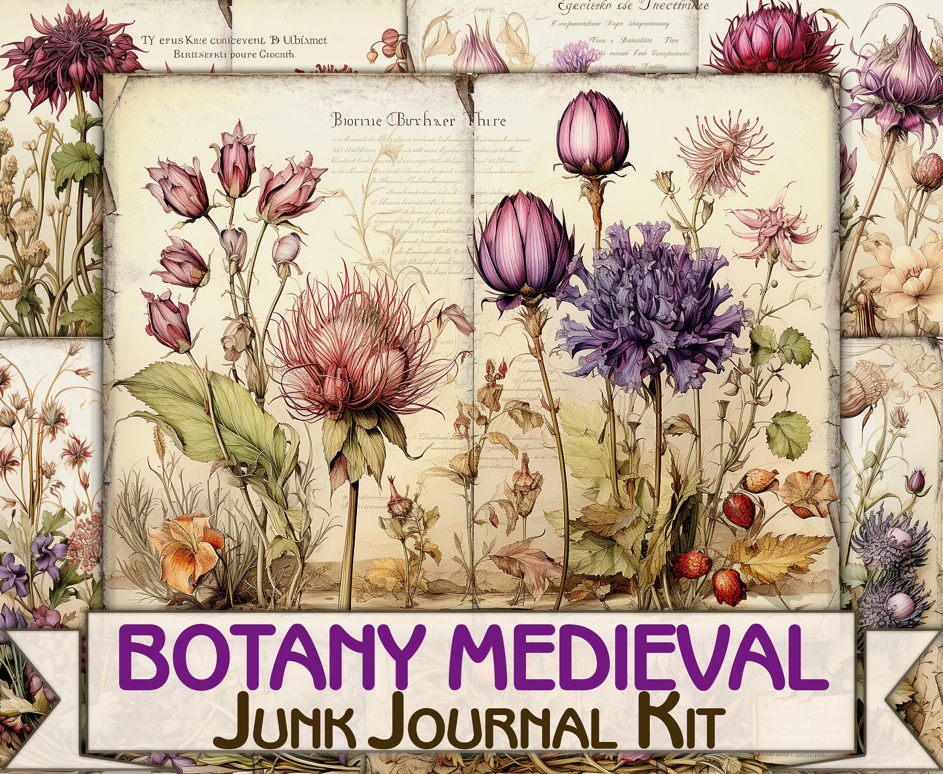 Medieval Botanical junk journal Pages,picture collage Botany plant