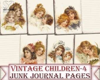Vintage Children-4 Journal Pages,Printable Children Junk Journal Kit
