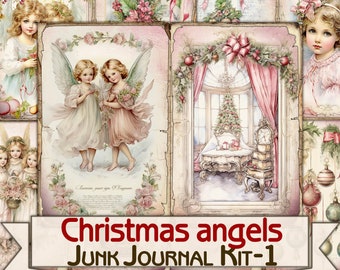 Peut inclure: Un kit de collage numérique avec des illustrations vintage d'anges, de sapins de Noël et d'ornements. Le kit comprend des images dans un schéma de couleurs rose et blanc avec un aspect vintage et vieilli. Le texte "Christmas angels JUNK JOURNAL KIT-1" est affiché en bas de l'image.
