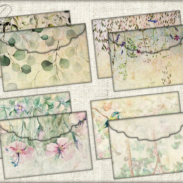 Digital Vintage Leaves Envelopes Printable,envelope template watercolor