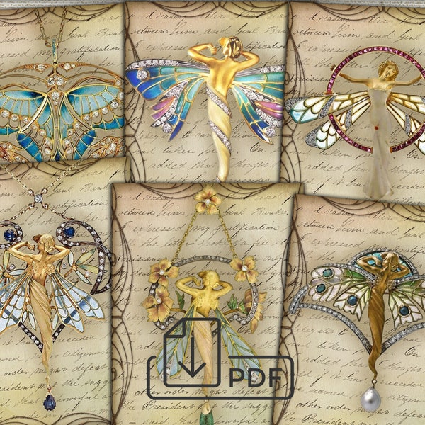 Art Nouveau jewelry printable digital Vintage Ephemera cards Atc ACEO