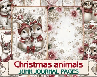 Christmas animals Junk Journal Kit,Printable Collage Pages
