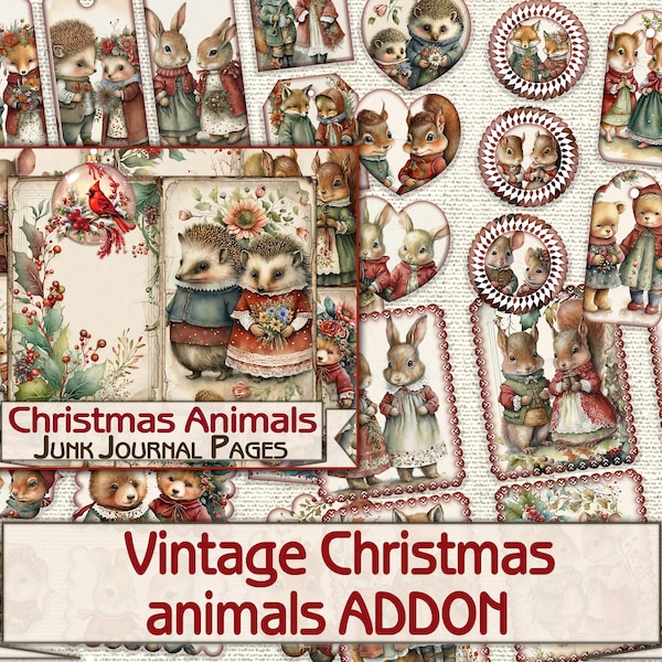 Christmas animals Junk Journal Kit ADDON,Printable Collage Pages