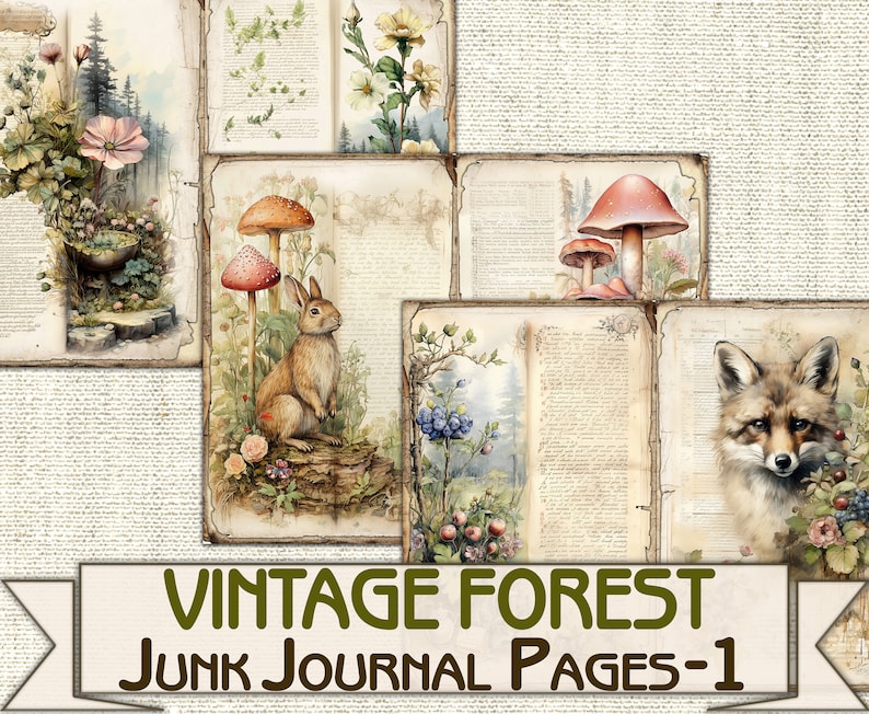 May include: Vintage style junk journal pages featuring a fox, rabbit, mushrooms, flowers, and berries. The pages are printed with old-fashioned text and have a distressed look.