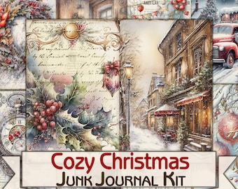 Vintage Cozy Christmas Junk Journal Kit,Printable Collage Pages