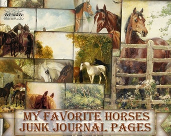 Könnte beinhalten: Eine Collage aus Vintage-Bildern mit Pferden in verschiedenen Umgebungen. Die Bilder sind im rustikalen Stil mit verblassten Farben und Texturen gehalten. Der Text "My Favorite Horses Junk Journal Pages" ist am unteren Rand der Collage zu sehen.