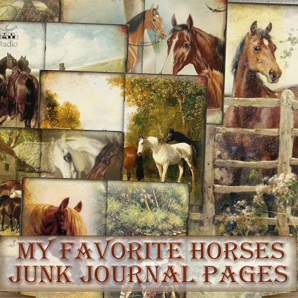 My favorite horses,Vintage ephemera collage,junk journal Pages printable