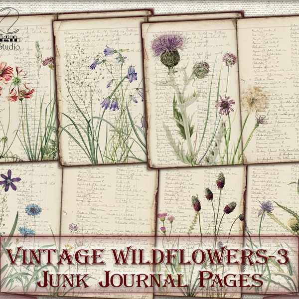 Vintage Botanical Wildflowers junk journal Pages,picture collage,Digital Sheet Download