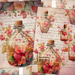 Vintage Valentines Collage de imágenes digitales Botella corazón Tarjetas imprimibles de San Valentín Atc ACEO