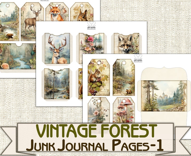 May include: Vintage forest themed printable junk journal pages with images of deer, foxes, squirrels, mushrooms, and a forest scene. The pages are designed to be cut out and used in a junk journal.