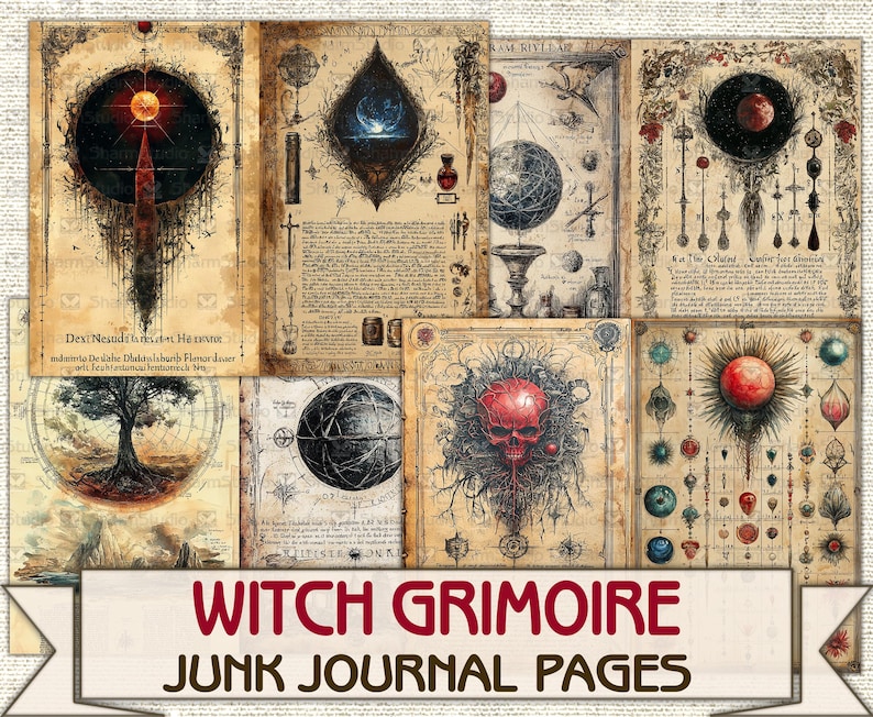 Vintage Witch Grimoire junk journal Pages printable,Mystic Witch, Wiccan Spell Book Download image 5