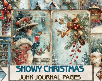 May include: A collage of vintage-style images featuring a woman in a winter coat, a train, a snowy scene, and a Christmas-themed illustration. The text "SNOWY CHRISTMAS JUNK JOURNAL PAGES" is displayed at the bottom of the collage.
