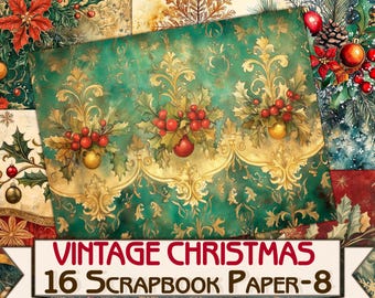 Vintage Christmas Background, scrapbook paper Pack-8  Printable 16 Pages