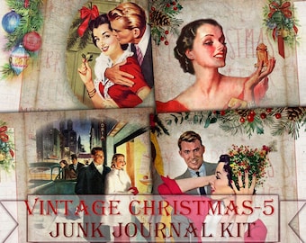 May include: Vintage Christmas themed junk journal kit with four images. The images feature couples in vintage clothing, a city scene, and a woman holding a Christmas ornament. The text "Vintage Christmas-5 Junk Journal Kit" is at the bottom of the image.