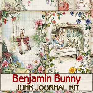 Puede incluir: Un kit de diario de chatarra digital con ilustraciones de Benjamin Bunny del libro infantil de Beatrix Potter. El kit incluye imágenes de Benjamin Bunny en varias escenas, incluyendo un bosque, un jardín y una casa. Las imágenes son de estilo vintage y son perfectas para scrapbooking, creación de tarjetas y otras manualidades de papel.