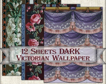 Vintage Kit French Victorian Wallpaper,antique Backgrounds dark,Printable 12 Pages