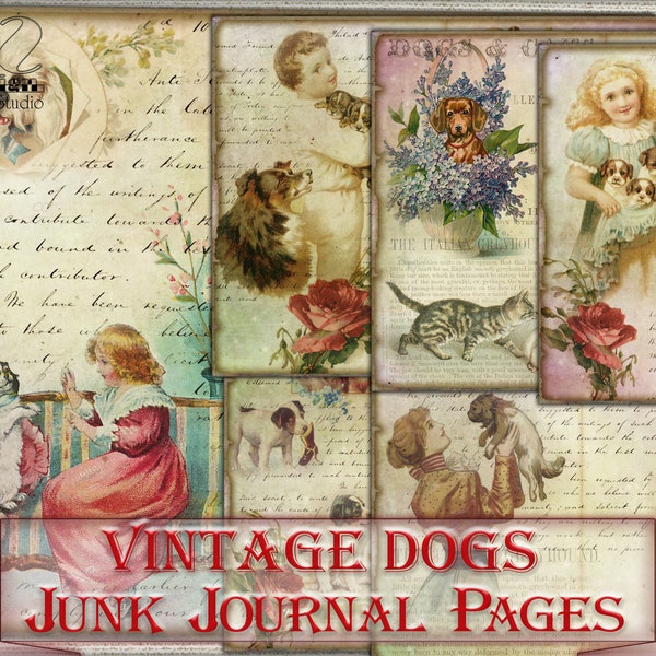 Vintage dogs Junk Journal Kit,Printable Collage Pages