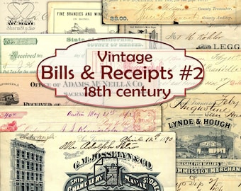 Vintage Bills & Receipts-2,Conjunto de facturas efímeras y recibos en papel del siglo XVIII.