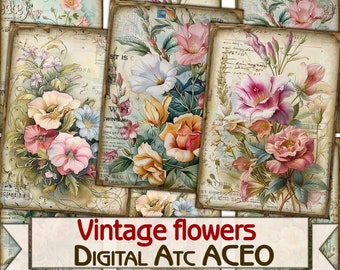 Vintage flowers card set,Collage Digital picture printable cards Atc ACEO