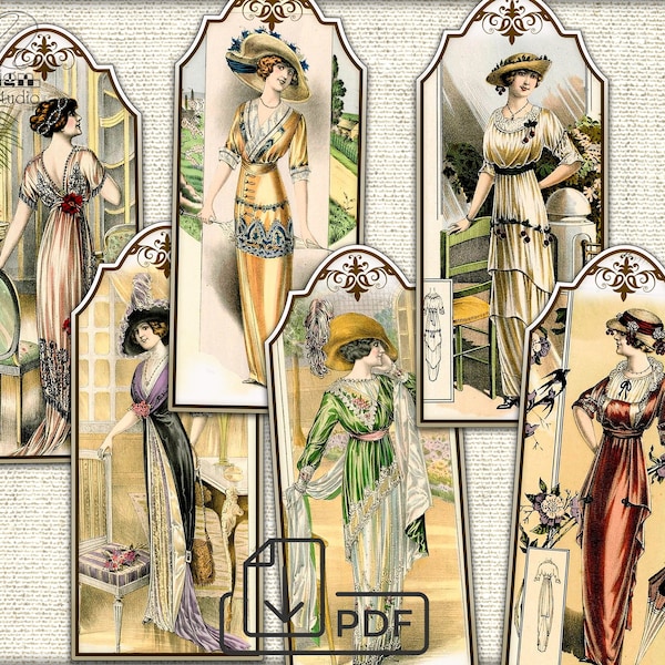 Vintage Edwardian fashion ephemera tags,junk journal collage pages