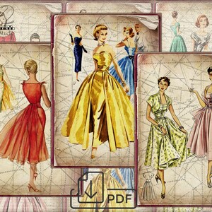 Cartões atc de colagem para impressão, papel digital ACEO da moda dos anos 50