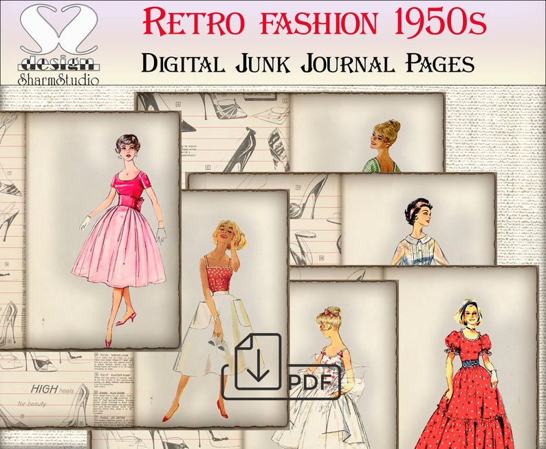 vintage Junk Journal Pages kit illustration numérique de mode, impressions dart de mode rétro des années 1950 image 2