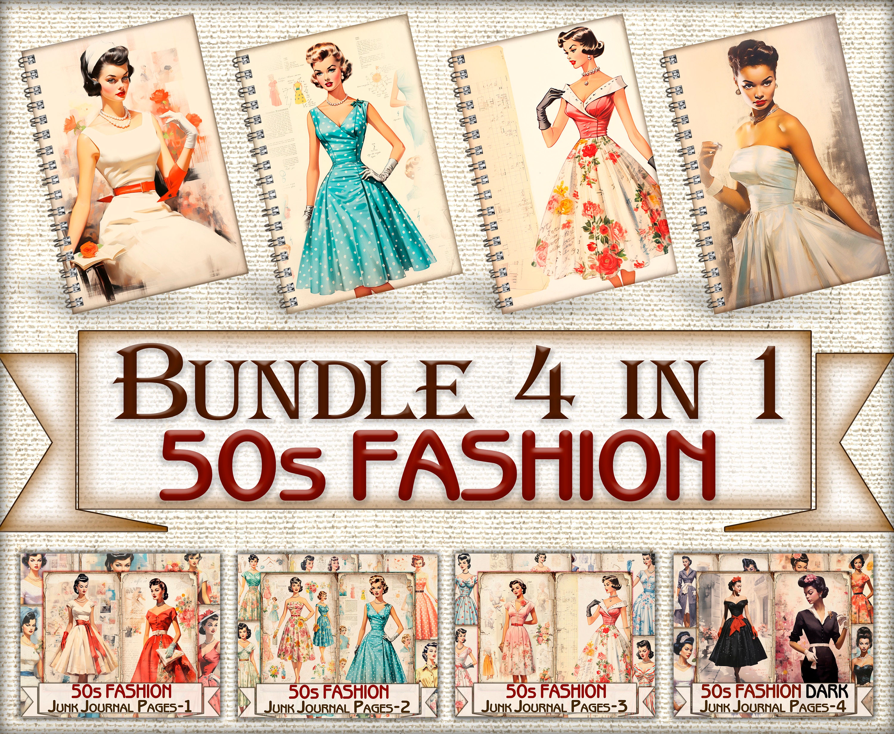 レトロな 50 年代ファッションのジャンク ジャーナル ページ バンドル